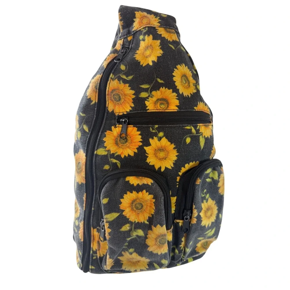 Sunflower Canvas Sling Backpack Black Yellow Floral Crossbody Shoulder Bag